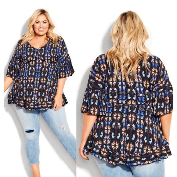 Avenue Tunic Top Womens Size 22/24 Harper V-Neck Butterfly Ruffle Plus Curvy NWT - Picture 1 of 14